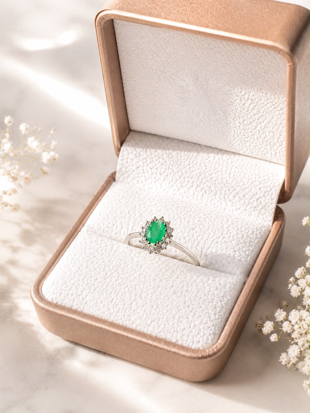 Anillo de esmeralda colombiana en su estuche de regalo, listo para enviar a Europa